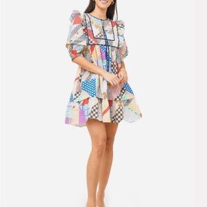 HUNTER BELL Blue and Pink Mini Sundress with Puff Sleeves